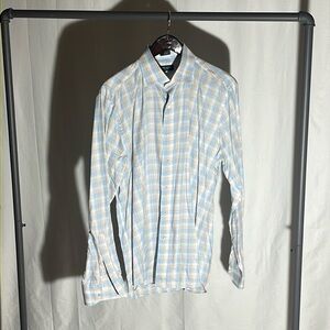 Peter Millar Shirt Mens Large Blue Pink Brown Plaid Long Sleeve Button Up